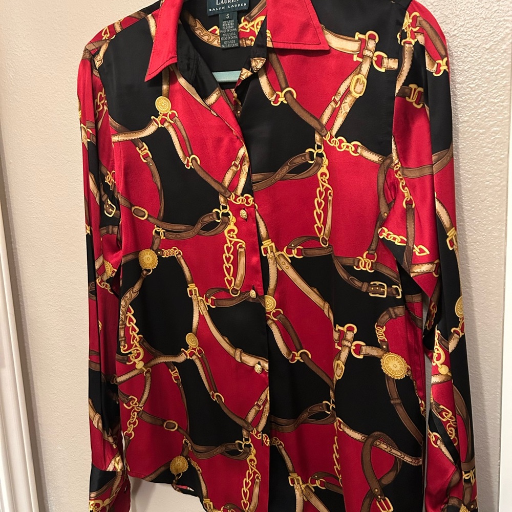 Lauren Ralph Lauren Red and Black Chain Print Blouse
